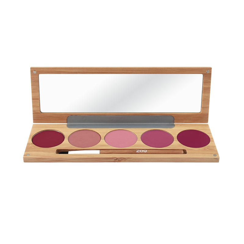 Palette maquillage – lèvres – KISS KISS BANG BANG – boîtier bambou rechargeable + miroir + pinceau – 5x3g – bio, vegan – ZAO