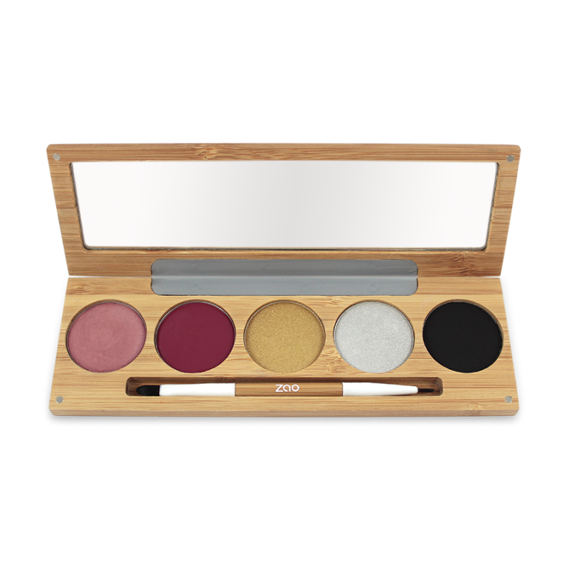 Palette maquillage – joues lèvres yeux – WINTER CHIC – boîtier bambou rechargeable + miroir + pinceau – 5x3g – bio, vegan – ZAO